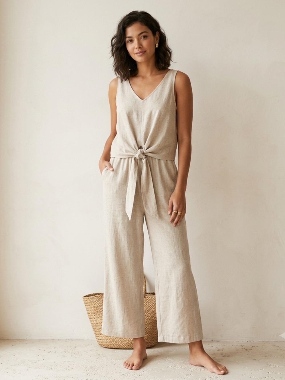 P.S. Love Sleeveless v neck Tie-Waist Jumpsuit, taupe/oatmeal sz M